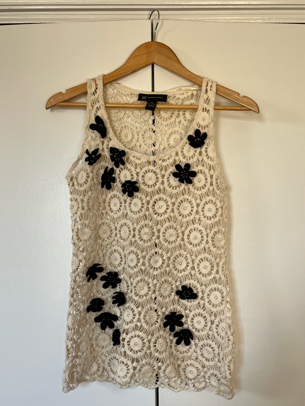 INC International Concepts Cream Crochet Tank with Black Floral Appliqués